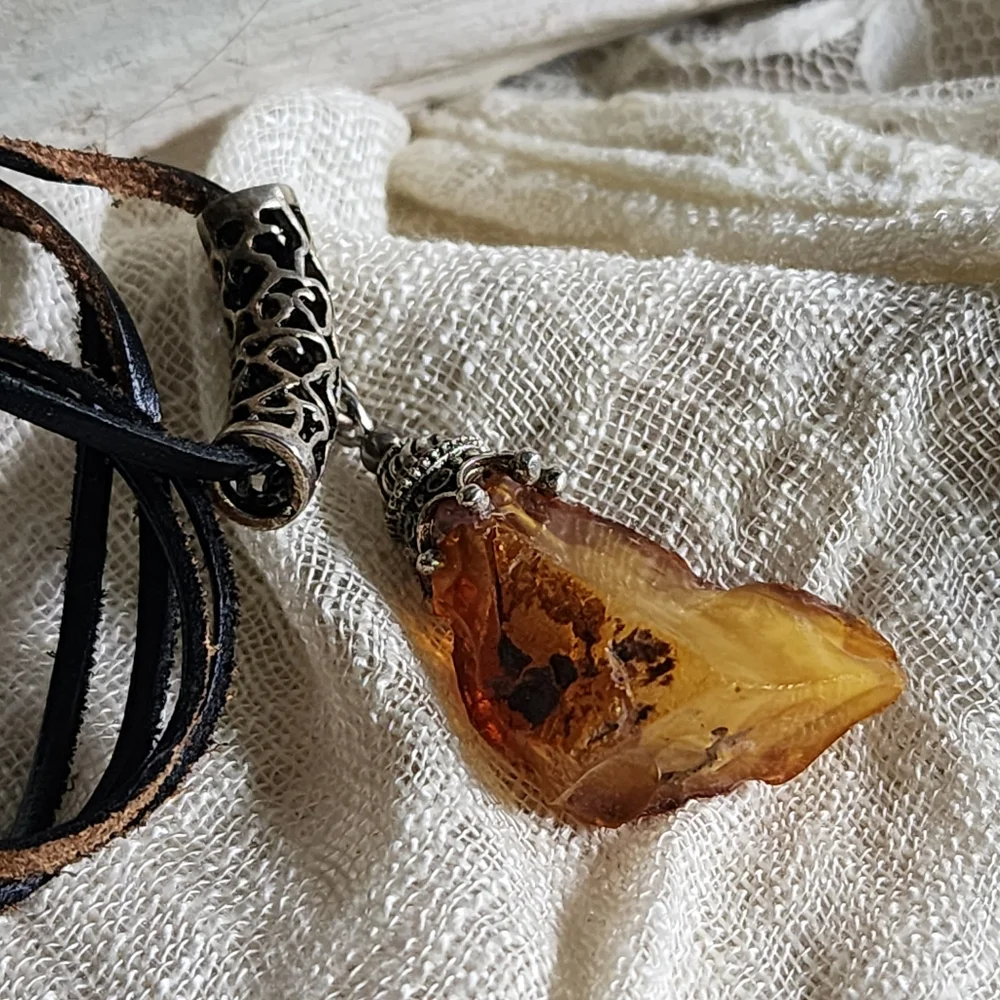 Amber Jewelry Boho Tribal Talisman AMBER NUGGET PENDANT Genuine Leather Cord
